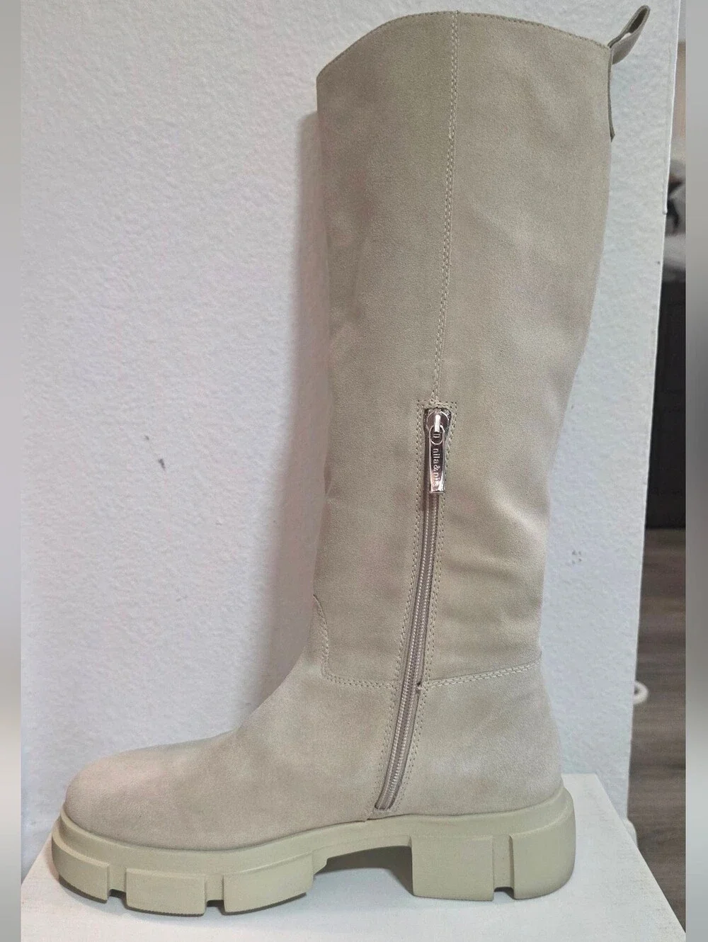 Womens Suede Cream Knee-High Boot